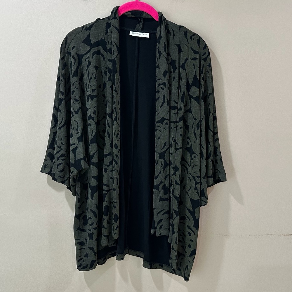 Coldwater Creek Floral Burnout Kimono Cardigan Olive Green Black Open Front Sz L